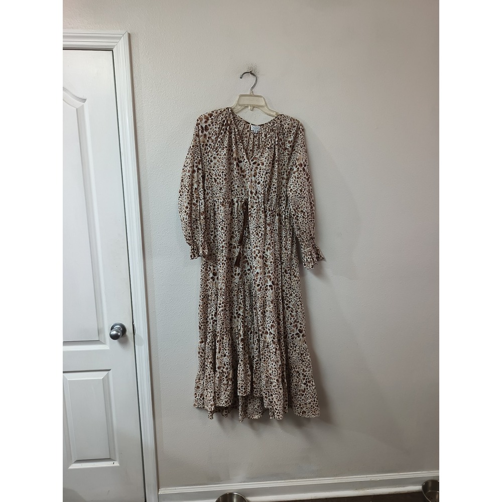 Mud Pie Women Brown Animal Print Tiered Maxi Dress Long Sleeve V-Neck Small